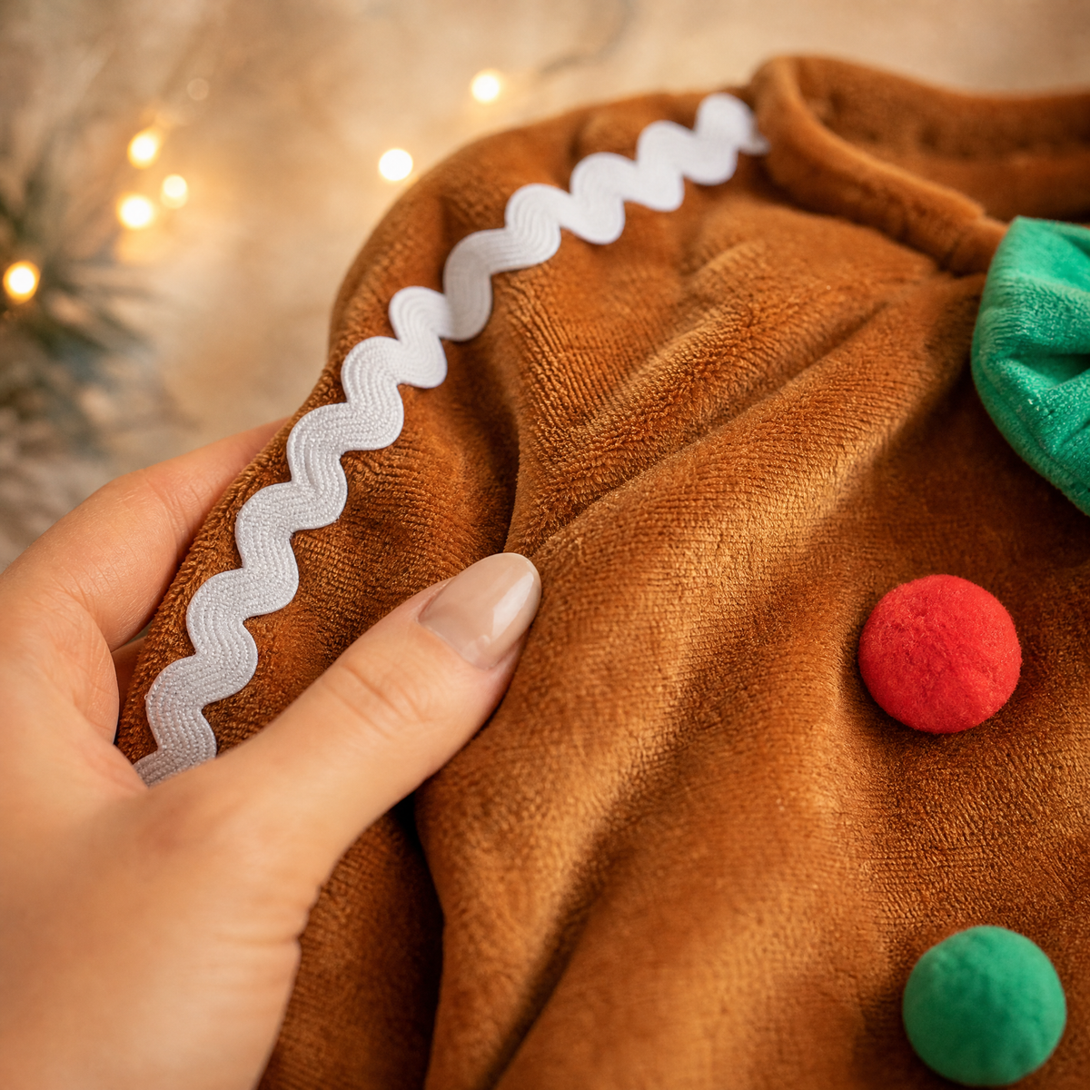Detalle del tejido suave del pelele de galleta de jengibre para bebé